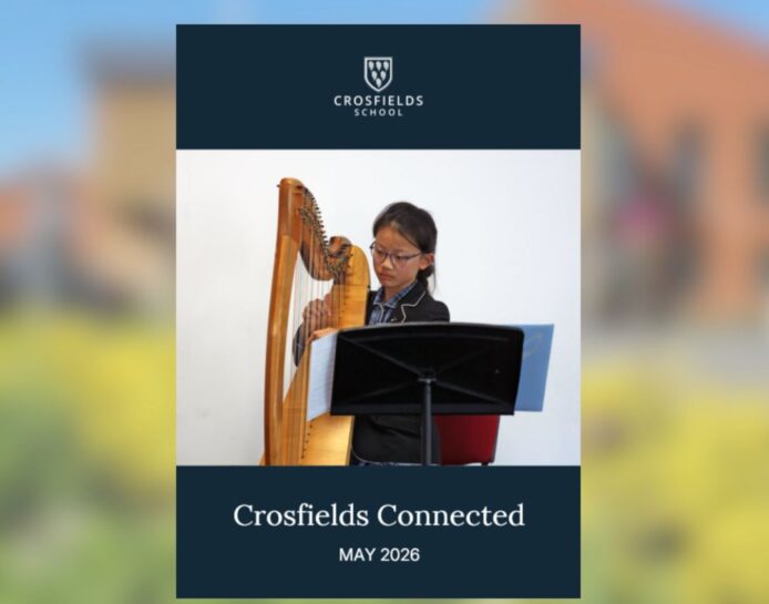 Cover image for Crosfields Connected: Latest News with a student playing a harp and Crosfields School branding (May 2026).