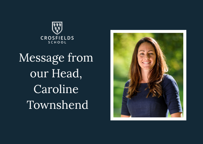 Crosfields School banner with logo and the text 'Message from our Head, Caroline Townshend' beside a portrait of Caroline Townshend.
